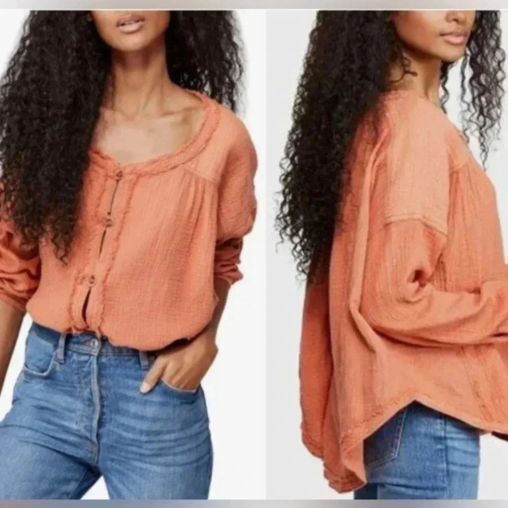 Free People Moving Mountains Oversized Shirt Long Sleeve Raw Hem Size S NWT - Picture 8 of 9